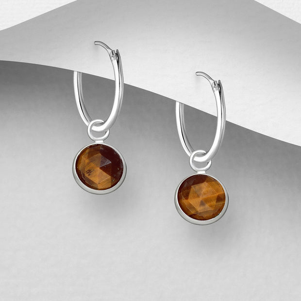 925 Silver Earrings | Single Semi Precious Stone Hoops | Tiger's Eye