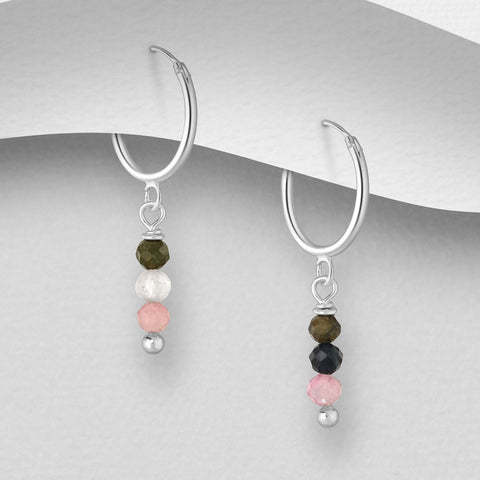 925 Silver Earrings | Semi Precious Stone Hoops | Tourmaline
