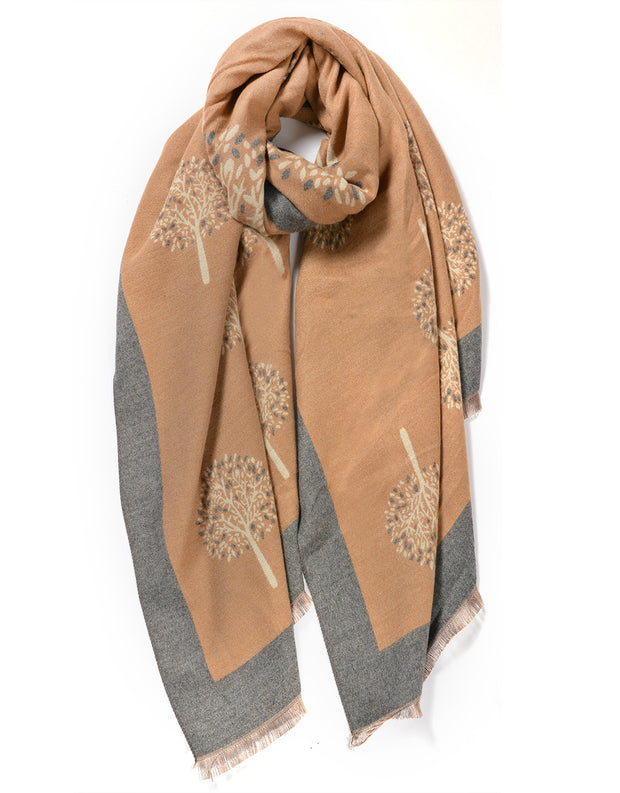 Cashmere Blend Tree Of Life Scarf | Beige x Grey