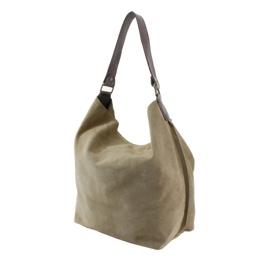 Green shoulder bag with a brown strap on a white background