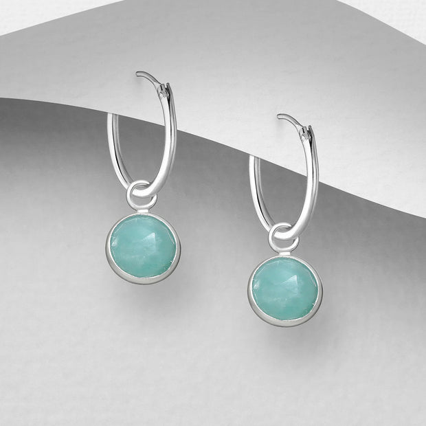925 Silver Earrings | Single Semi Precious Stone Hoops | Amazonite