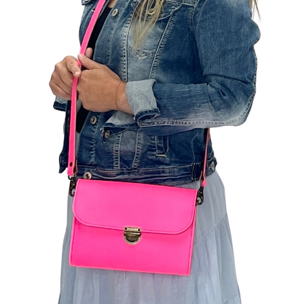 Macy Leather Crossbody Satchel | Neon Pink