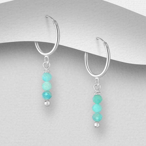 925 Silver Earrings | Semi Precious Stone Hoops | Amazonite