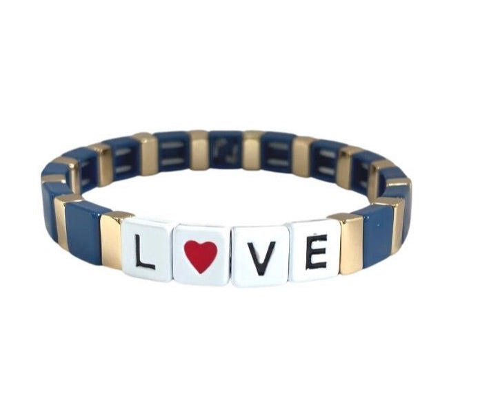 Accessory bracelet with navy and gold enamel tiles with LOVE heart slogan