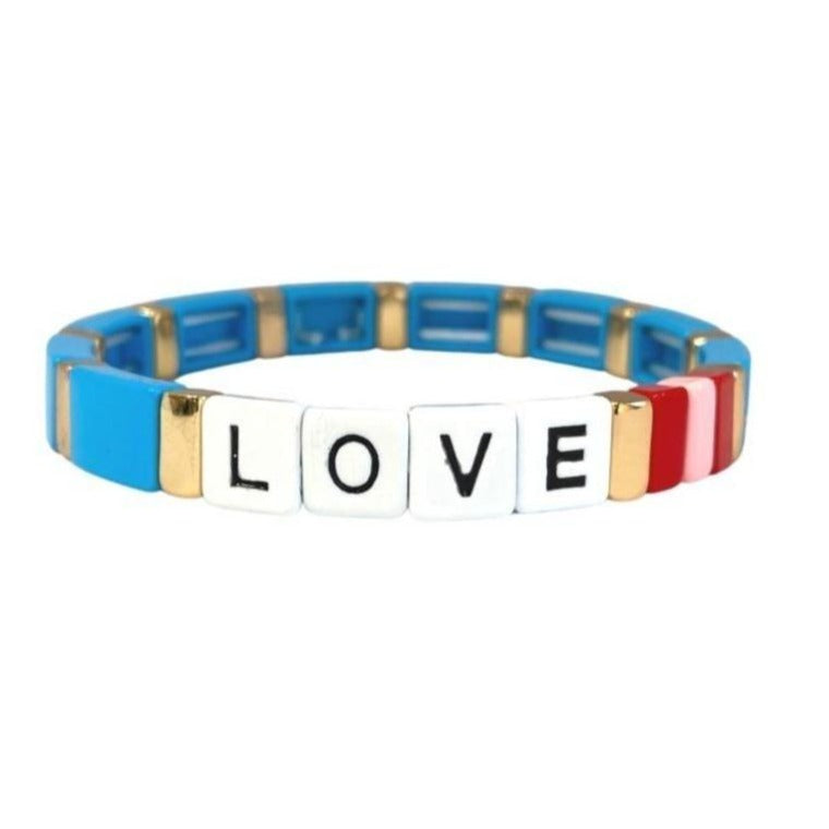 Boho accessory bracelet with turquoise, gold, pink and red enamel tiles and love slogan - south of the river london