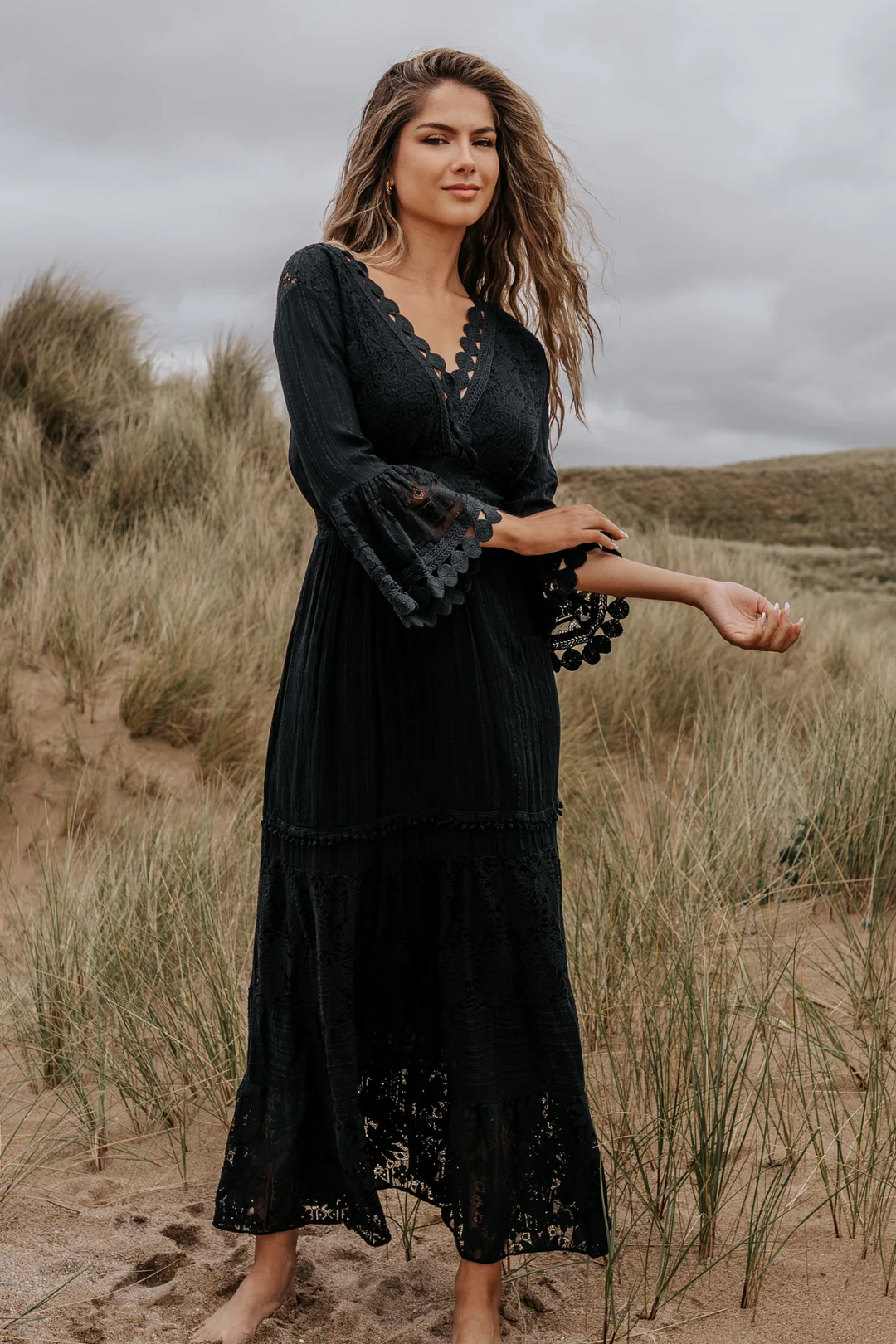 Ibiza Black Lace & Crochet Maxi Dress | Crossover Neck