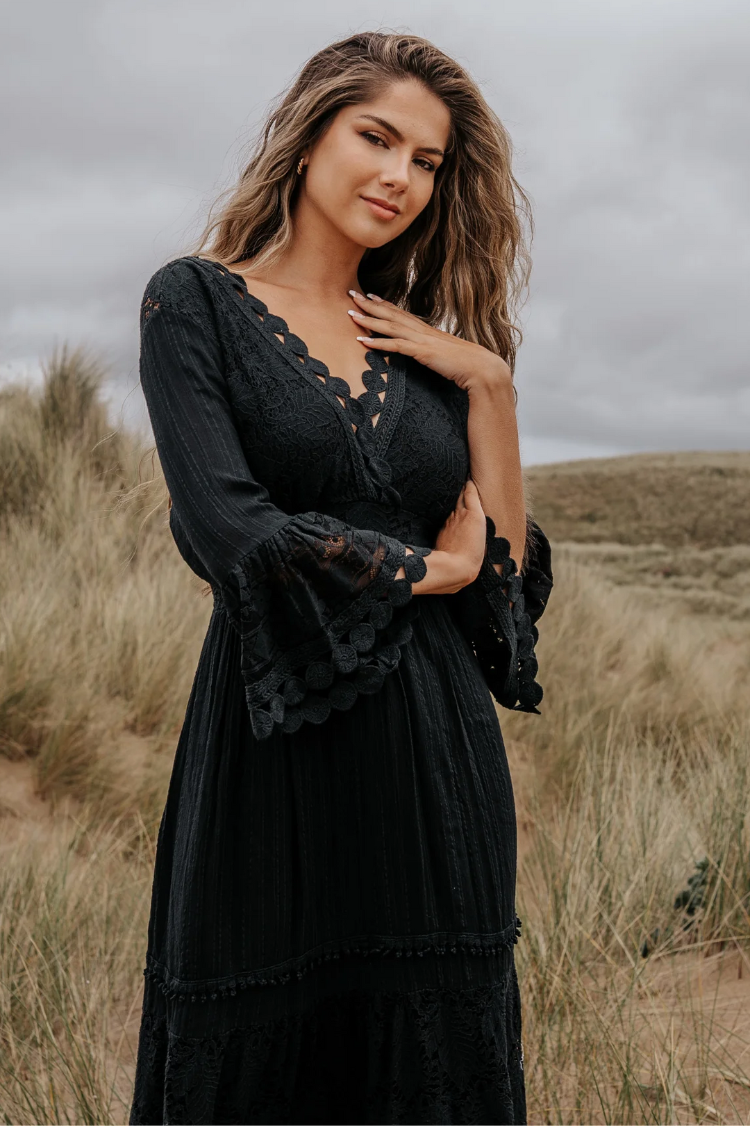 Boho Black Lace dress Summer holiday festival  beach dress on a woman
