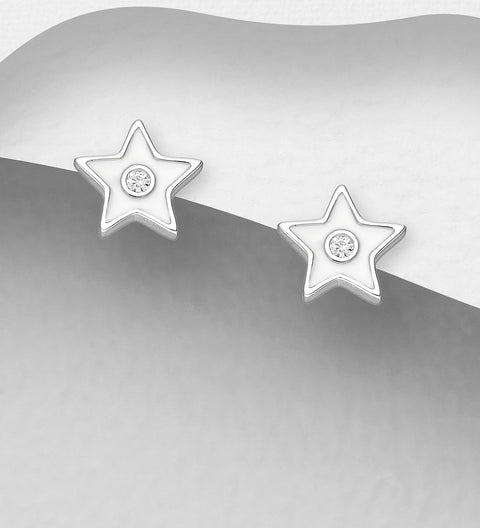 925 Silver Enamel Star Studs | White & Cubic Zirconia