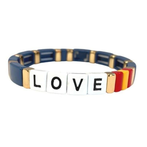 Accessory bracelet with enamel navy, red, yellow and gold tiles
