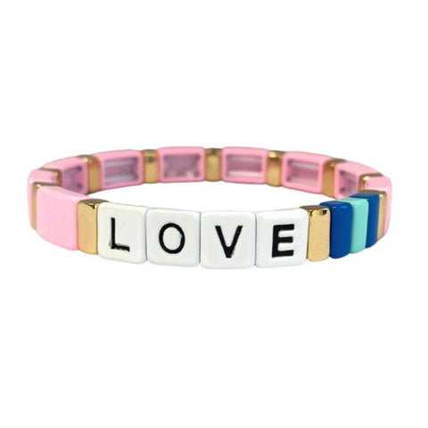 Accessory bracelet with pink, blue, turquoise and gold enamel tiles