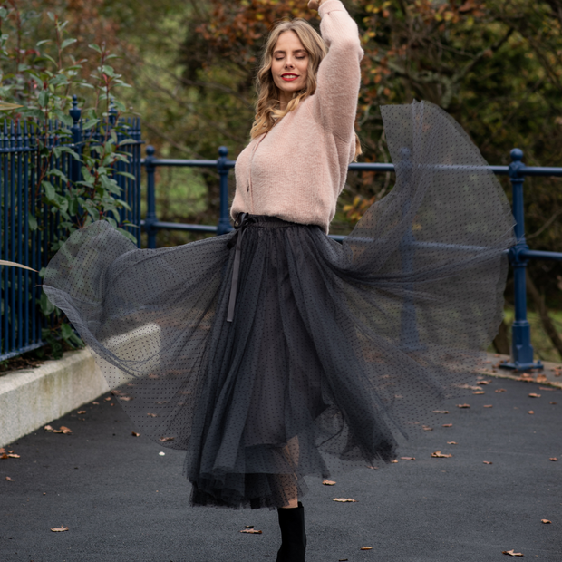 Polka Dot Maxi Tulle Skirt | Smokey Grey.