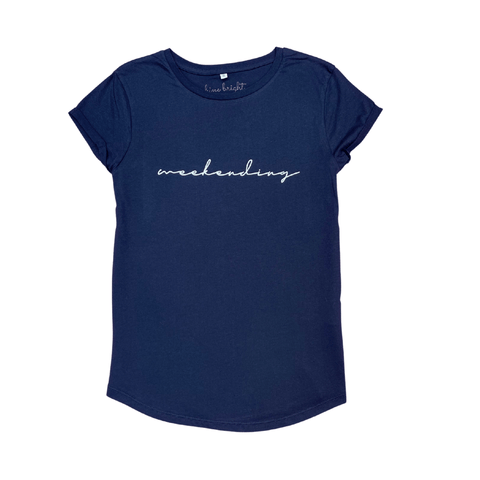 Classic navy crew neck t shirt decorated with 'weekending' slogan in white text