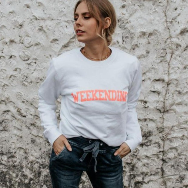 WEEKENDING Sweatshirt | White with Neon Pink - south of the river london