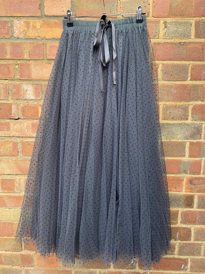 Polka Dot Maxi Tulle Skirt | Smokey Grey - south of the river london