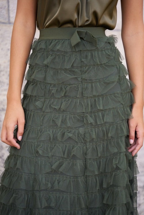 Tilly Ruffle Tulle Maxi Skirt  | Khaki