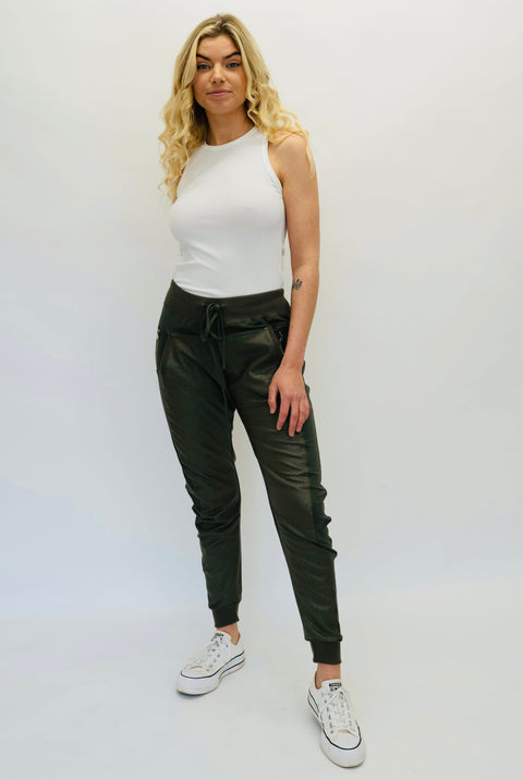 Luxe Vegan Mix Leather Joggers | Khaki