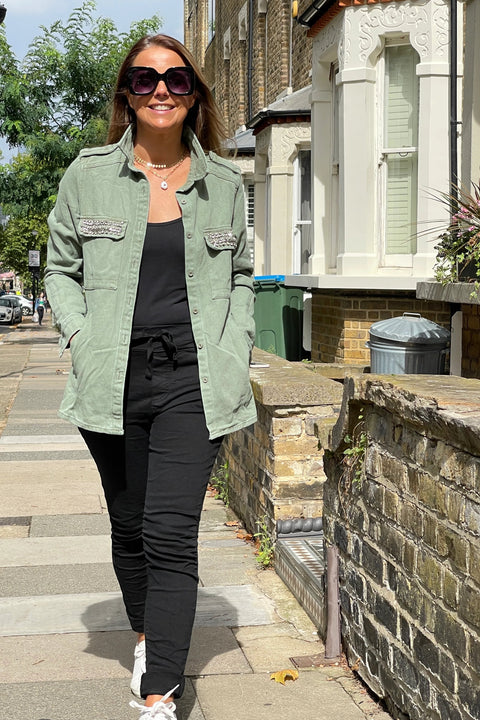 Santi Crystal Pocket Oversize Shirt | Khaki