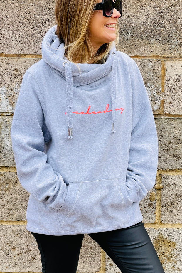 Weekending Cowl Neck Hoodie | Heather Grey x Neon Coral