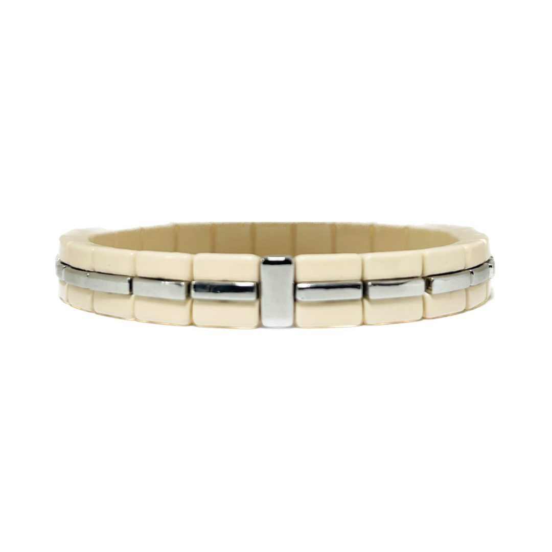 Boho Enamel Tile Bracelet | Cream x Silver Accent