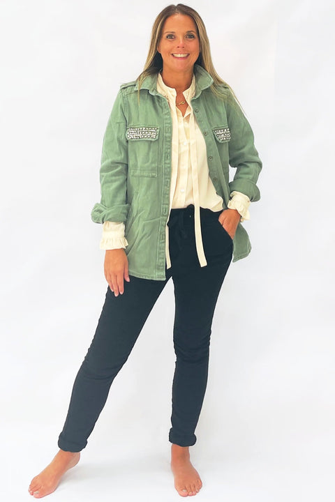Santi Crystal Pocket Oversize Shirt | Khaki