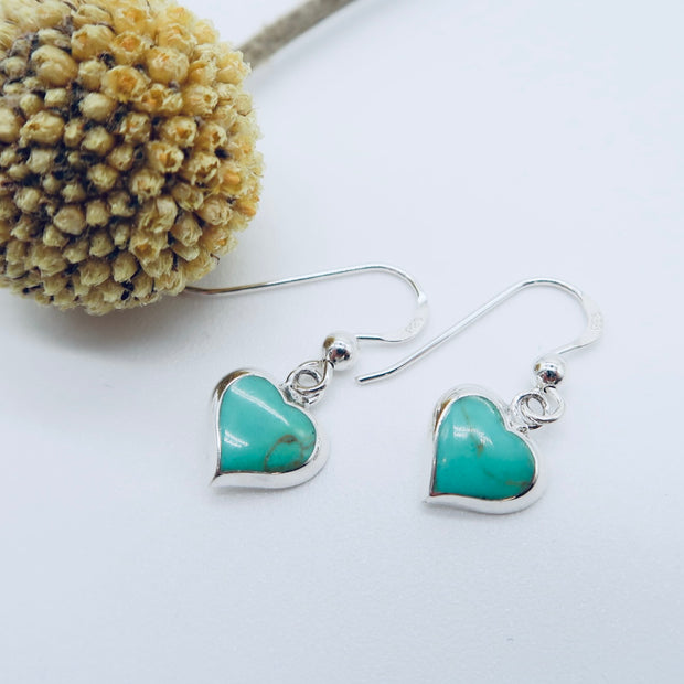 925 Silver Earrings | Semi Precious Turquoise Hanging Hearts