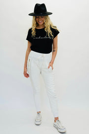 Luxe Vegan Mix Leather Joggers | Cream