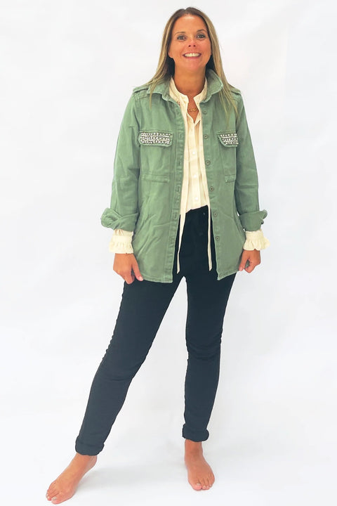Santi Crystal Pocket Oversize Shirt | Khaki