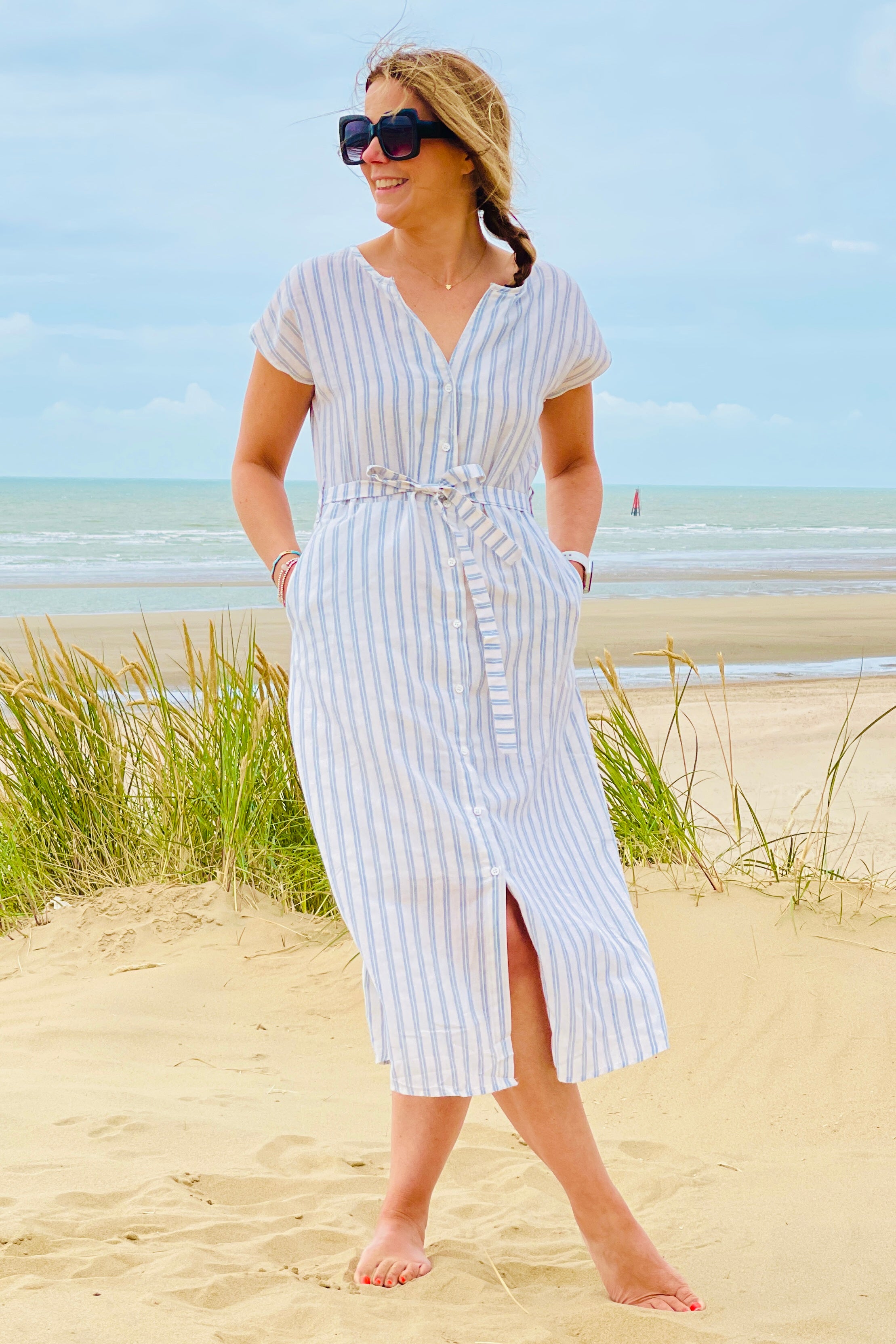 Long blue and outlet white striped dress