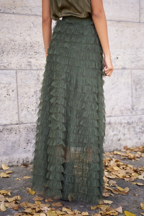 Tilly Ruffle Tulle Maxi Skirt  | Khaki