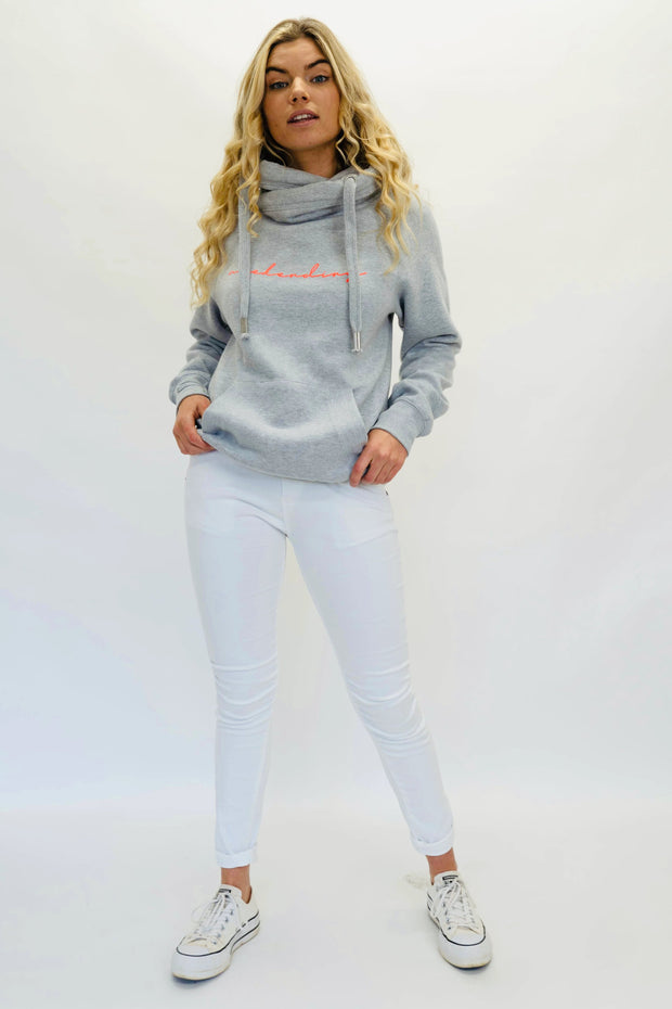 Weekending Cowl Neck Hoodie | Heather Grey x Neon Coral