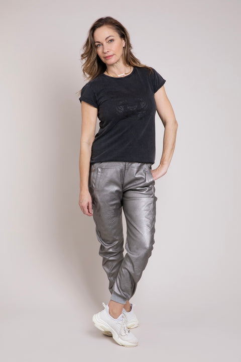 Roxie Luxe Vegan Full Leather Joggers | Metallic Grey