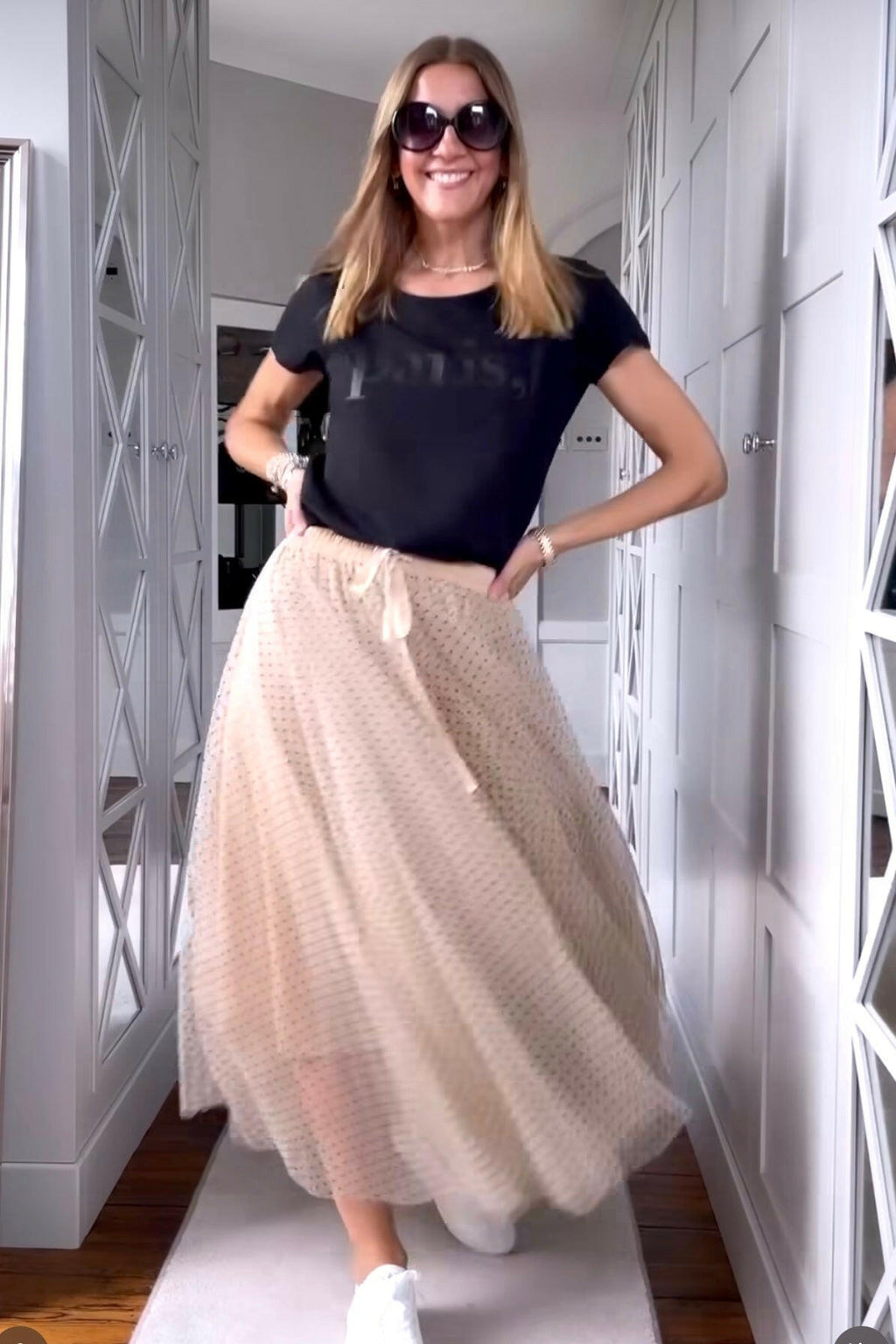 Polka Dot Maxi Tulle Skirt | Creme.