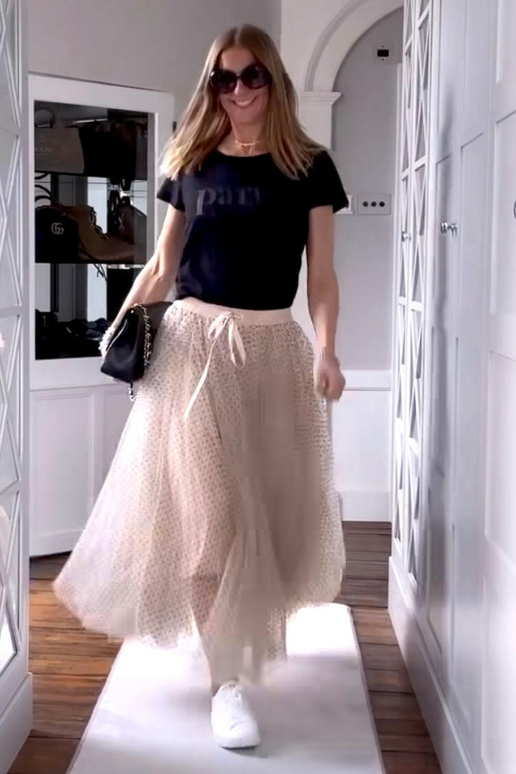 Cream Polka Dot Maxi Tulle Skirt Elegant Handcrafted Design