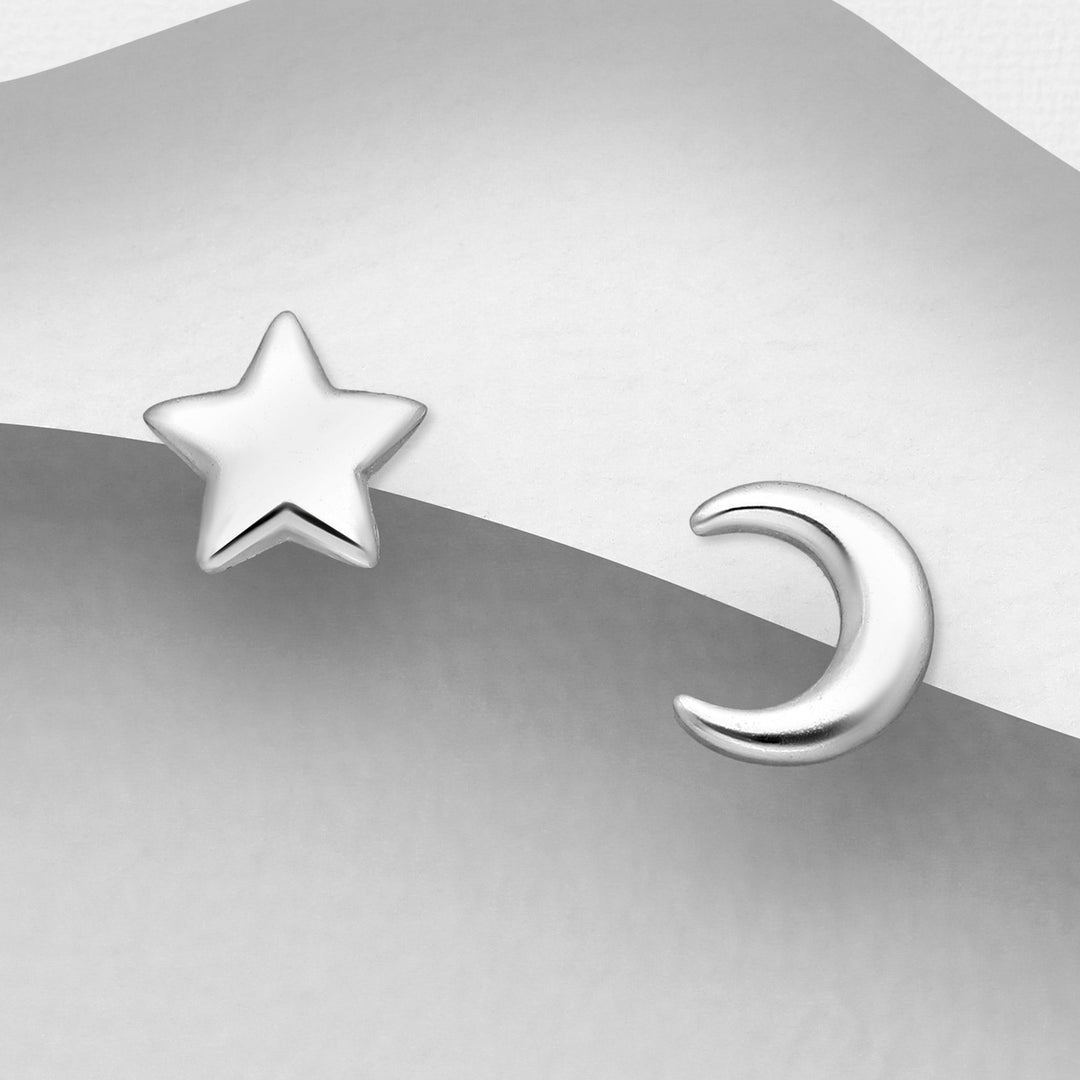 925 Silver Earrings | Tiny Moon & Star Studs